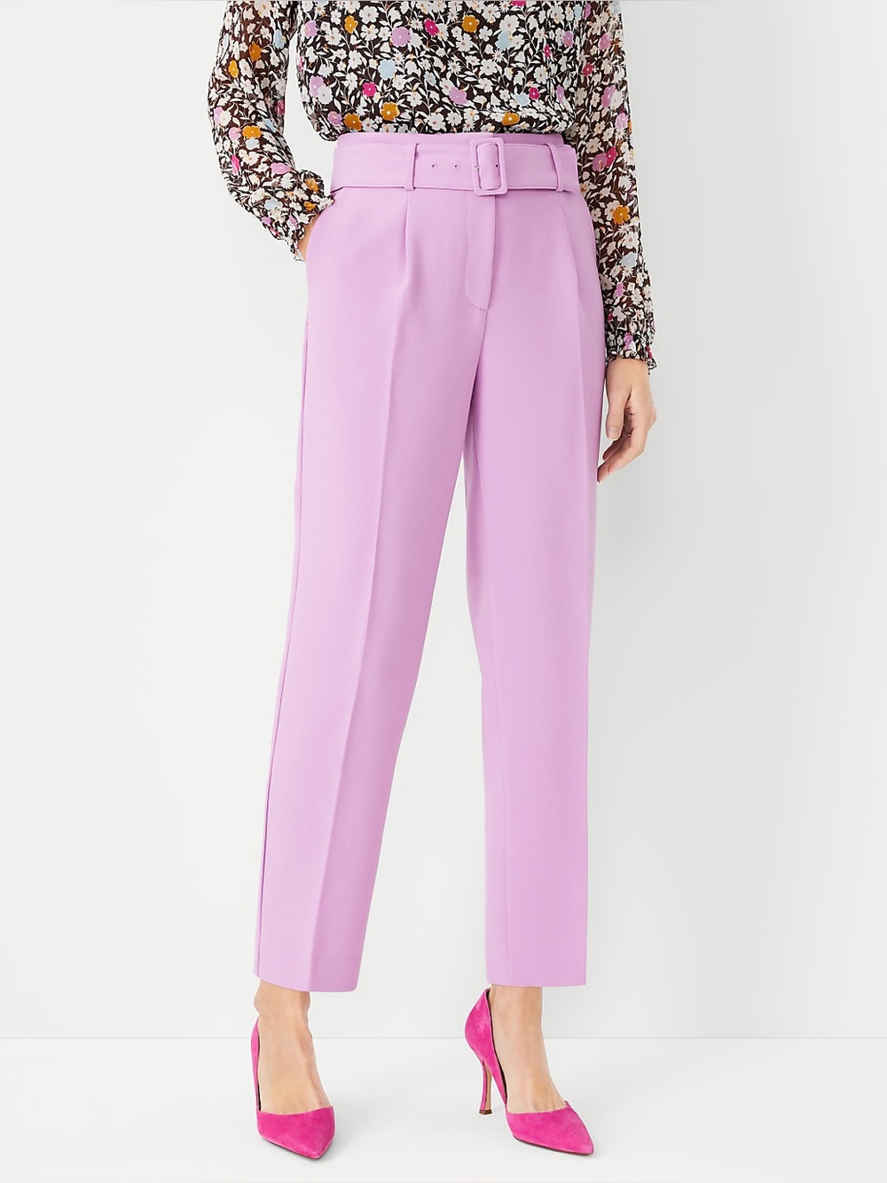 Ann Taylor High-Waist Belted Lavender Tapered Pants